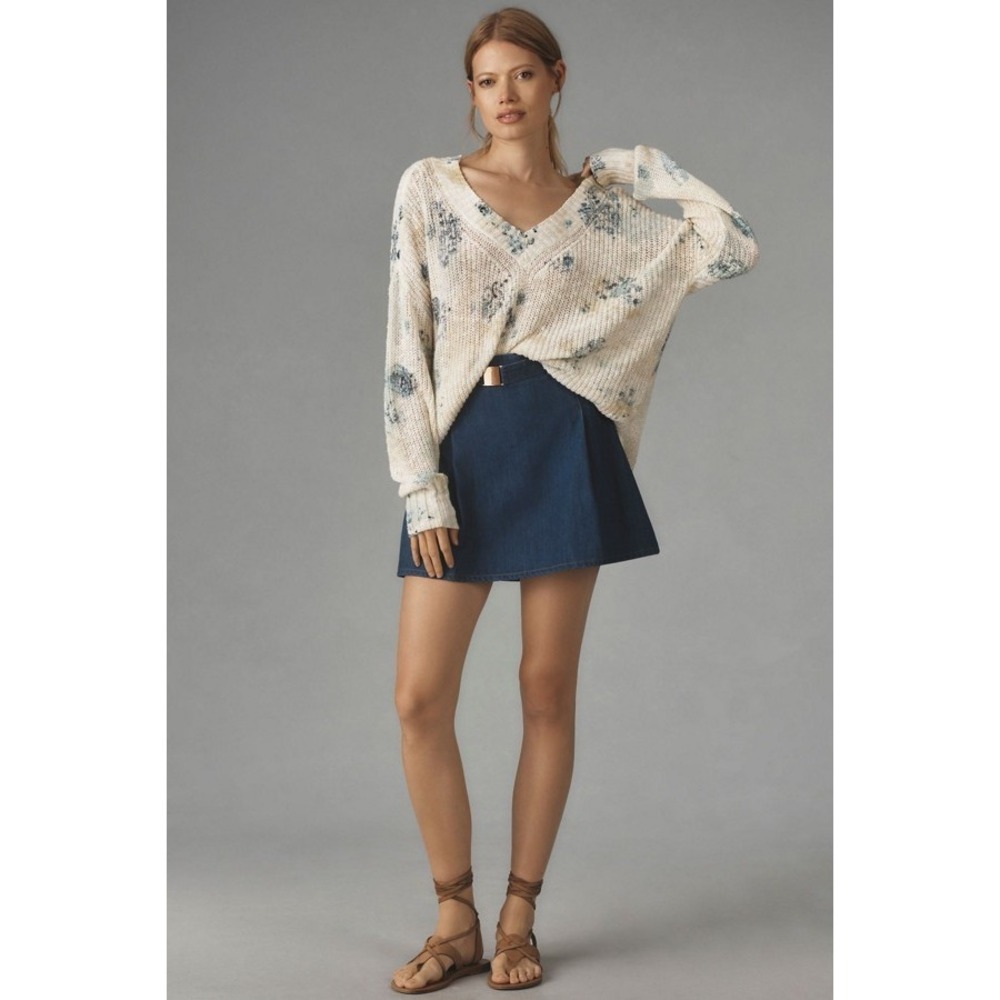 PILCRO Anthropologie Slouchy V-Neck Sweater Sz S Ivory Floral Paisley Oversized